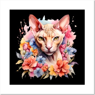 A sphynx cat decorated with beautiful watercolor flowers Posters and Art